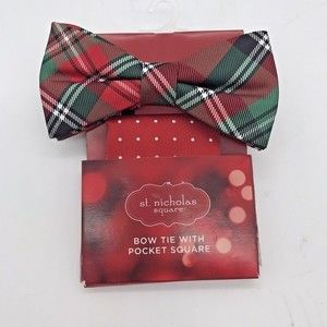 St. Nicholas Square Christmas Green Plaid Bow Tie & Red Dot Pocket Square‎ NWT